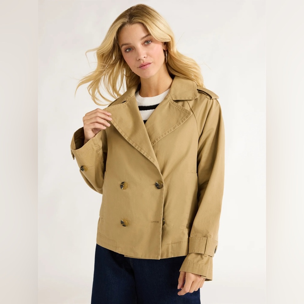 Nwt  Women’s Cropped Cotton Tan Double-Breasted‎ trench coat
